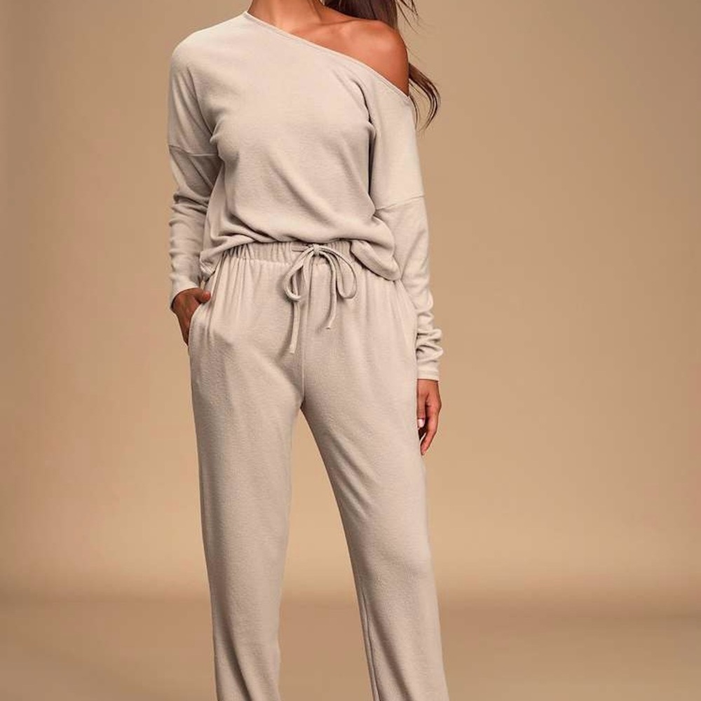 Lulus Off-Shoulder Beige Jumpsuit, Dressed to Chill Taupe Ribbed Joggers Set